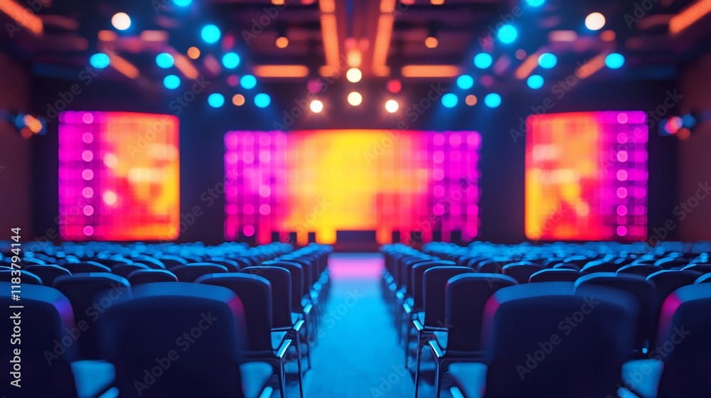 Poster empty auditorium with colorful stage lighting.