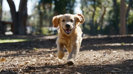 A joyful golden retriever puppy bounding through a sunlit park, ears flopping and tail wagging, capturing the pure happiness of playful moments.