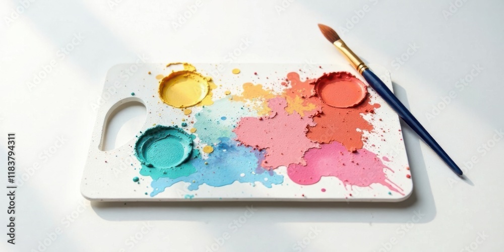 Poster artistic paint palette with brush and colorful splashes