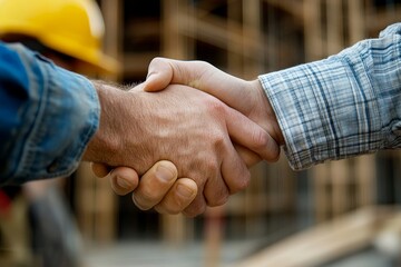 Close up of building contractor shaking hands with worker at construction site. Generative AI