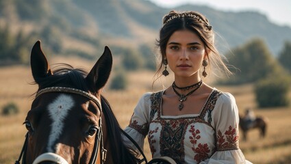 Obraz premium Woman with serene mood riding horse against nature backdrop