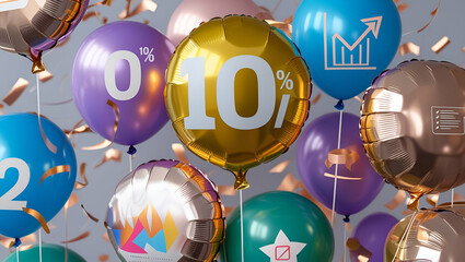 Festive background with balloons, where each balloon represents a different metric or goal achieved in the past year
