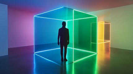 Silhouette Within Neon Illuminated Glass Cubes