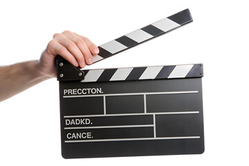 Obraz premium A hand holding a black and white clapperboard, ready for the director to shout Action! on a bustling Hollywood film set