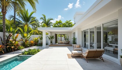 Fototapeta premium Tropical Modern Oasis: Luxurious Villa with Pool and Patio. Tranquil escape in a modern tropical paradise. Enjoy the sunshine and the ultimate relaxation. 