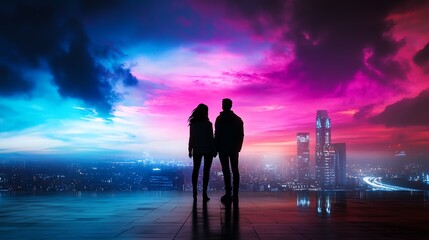 Fototapeta premium A futuristic cityscape where a couple glows with vibrant pulselike energy, warmth, love in technology