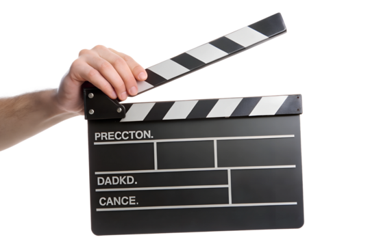 A hand holding a black and white clapperboard, ready for the director to shout Action! on a bustling Hollywood film set