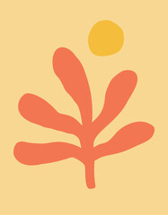Abstract Organic Naive Art Poster. Modern Simple Style. Algae And Sun Silhouette. Aesthetic Minimal Summer Template Print. Vector Illustration Floral Composition. Matisse Inspired Poster. Trendy Print