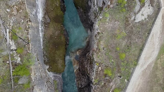 Aerial looking directly down descends to Marble Creek Canyon in mtns