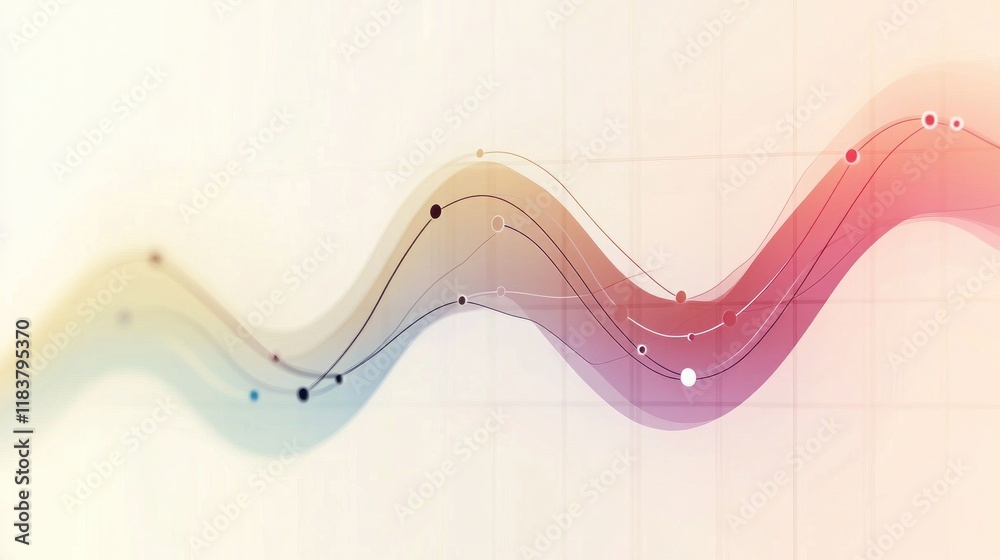 Poster a minimalist line chart with smooth curves and highlighted data points, on a light background with s