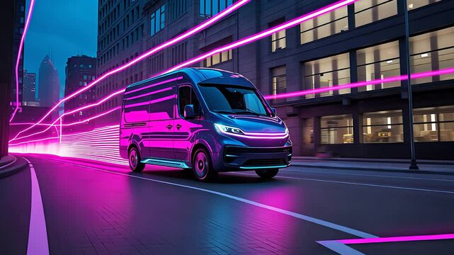 Delivery Van in Motion with Neon Light Trails on Urban Street at Night, Modern Cityscape and Traffic

