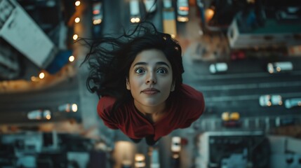 Obraz premium Cinematic Top View – Woman in Busy City Street