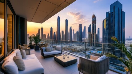 Obraz premium A modern balcony with sleek furniture and a panoramic view of the city skyline at sunset, showcasing an urban lifestyle with a touch of luxury.