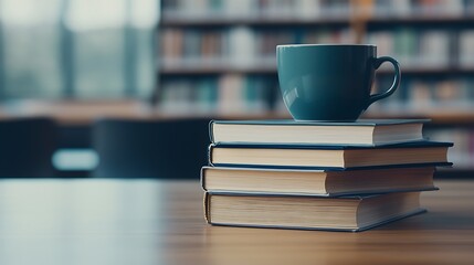 Fototapeta premium A stack of books topped with a teal cup, set on a wooden table in a library, evoking a serene reading atmosphere.