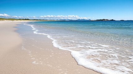 Tranquil beach with soft waves, distant islands, and clear blue skies