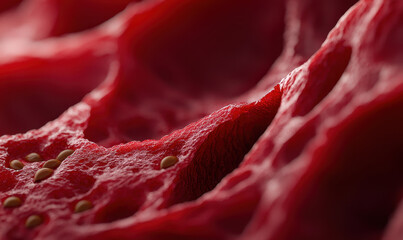 Close-up of Red Textured Surface Depicting Abstract Fruit with Seeds