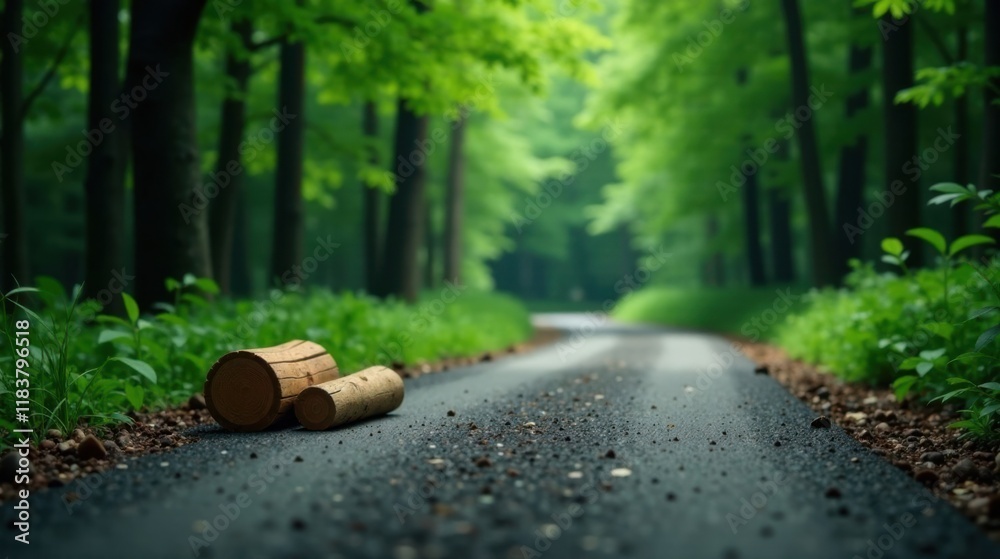 Poster serene forest path with wooden logs resting by the roadside