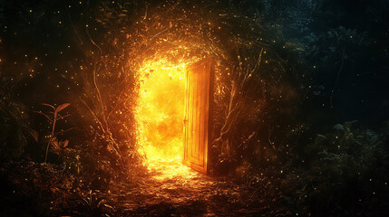 Naklejka premium Bright door opening to a golden horizon in a dark room