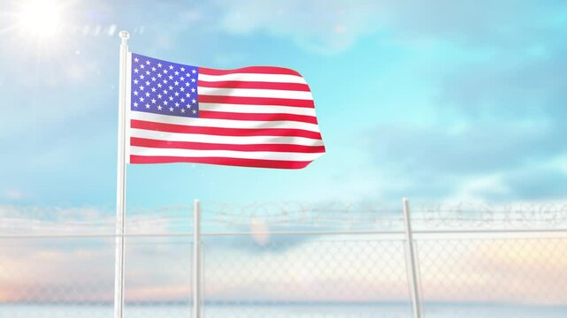 America flag waving on defence border 3d Animation. Waving flag of America behind barbed wire. Fence with barbed wire, 4K Animated Video.