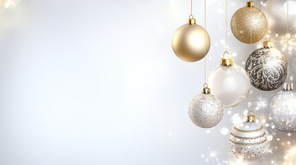 Christmas background with hanging gold and transparent baubles. Space for text.
