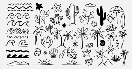 Groovy boho beach summer outline elements. Drawn palm tree and cactus. Abstract minimal sea and sun in trendy retro naive simple style.