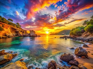Fototapeta premium Ibiza's Cala Benirras: a surreal sunset, dreamlike beach, magical light, psychedelic colors.
