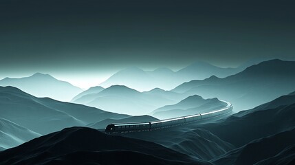 Futuristic train traversing misty mountain range at night.