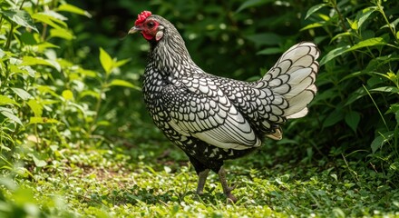 A Silver Laced Wyandotte Hen Stands In Green Grass