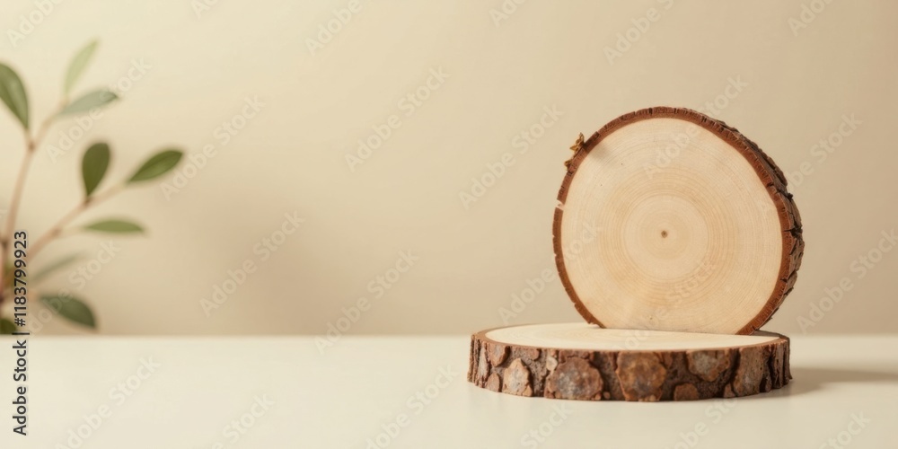 Poster Rustic Wooden Display Stand with Natural Elements for Product Presentation