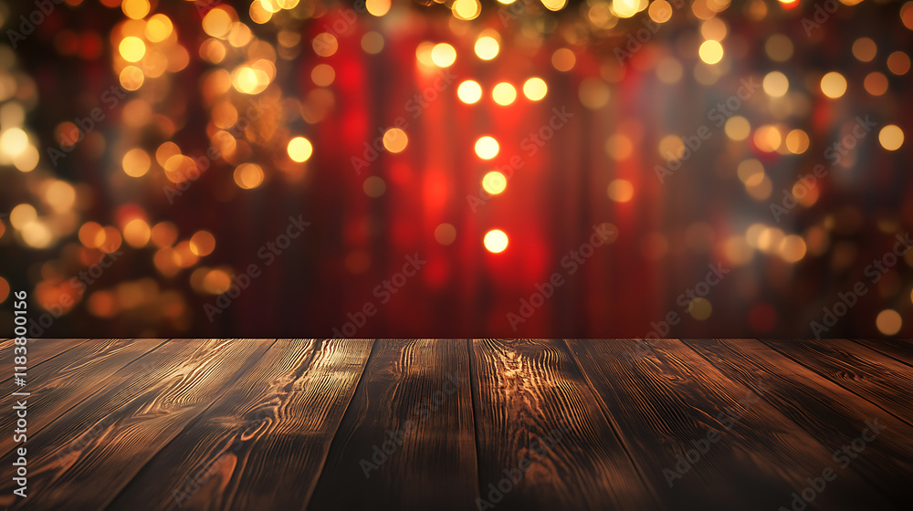 Poster empty wooden table top with lights bokeh on blur restaurant background