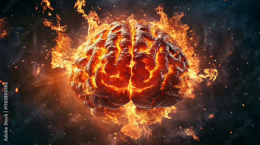 Poster front view of brain on fire, exploding brain, disease concept like parkinson's, alzheimer's, dementi