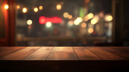 Empty wooden table top with lights bokeh on blur restaurant background