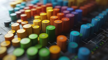 Obraz premium A close-up of colorful audio mixer knobs and controls, showcasing sound mixing equipment.