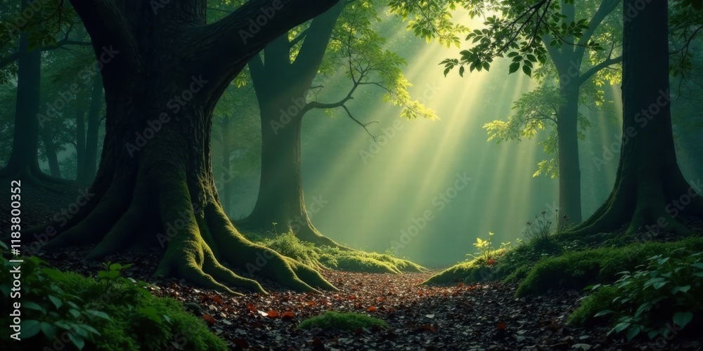 Poster mystical forest path sunbeams illuminate ancient trees and mossy roots