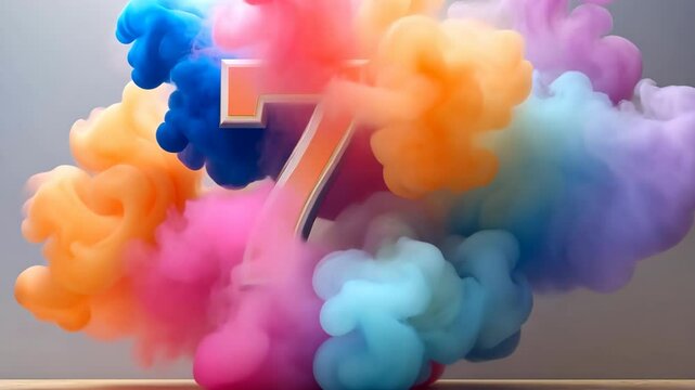 Colorful three dimensional number seven. Playful symbol 7. Invitation for a seventh birthday party or business anniversary. Animation.