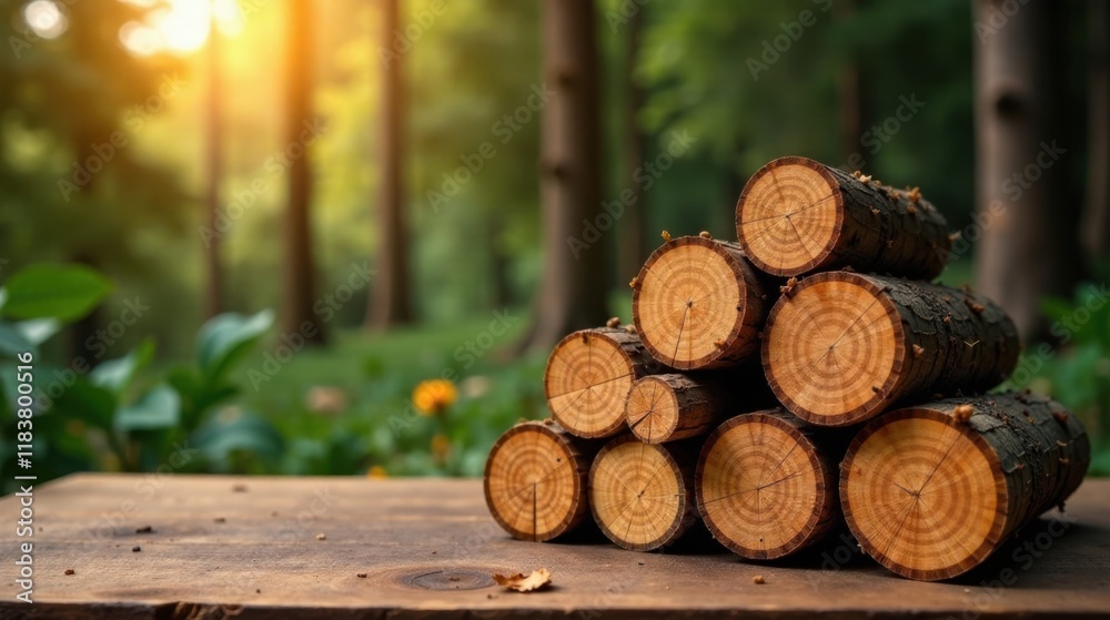 Poster Neatly Stacked Wood Rounds on Rustic Table in Forest Setting