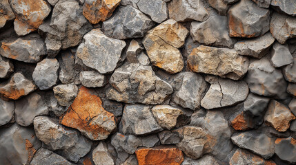 Obraz premium Rough stone wall with varied textures and earthy tones, creating rustic appearance. 