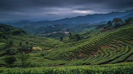 Fototapeta premium Serene Tea Plantation Landscape Under a Dramatic Sky