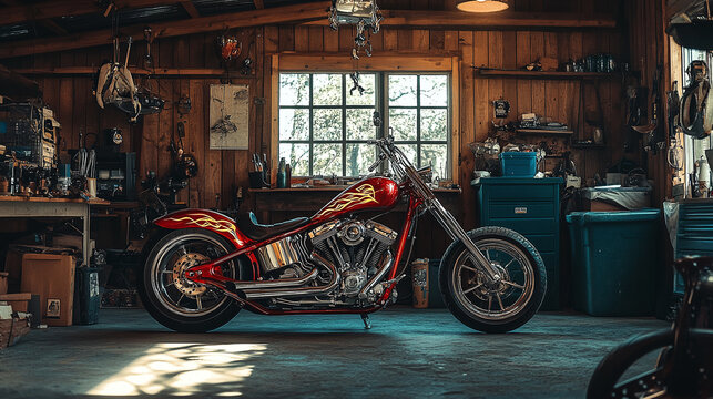 Red custom chopper motorcycle with flame paint job in garage.