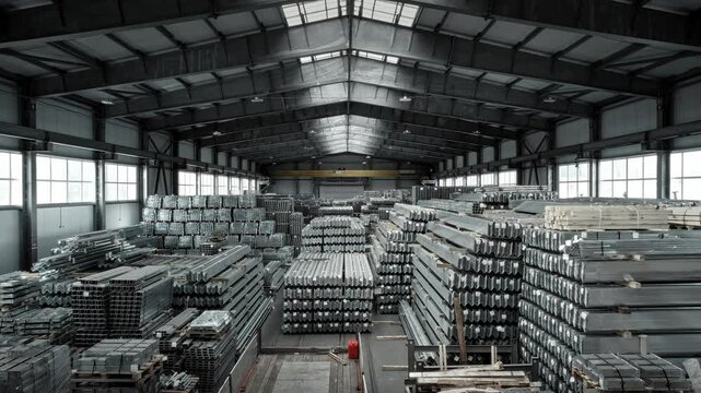 Large warehouse of finished products. Parts for road infrastructure. Galvanized steel fences and supports, ready for shipment.