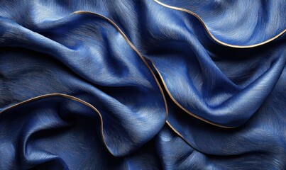 Fototapeta premium A close-up view of luxurious blue fabric with golden edges, showcasing texture and elegance.