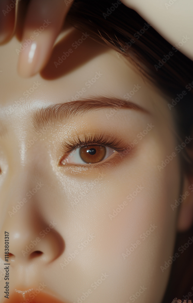 Aufkleber 綺麗な若いアジア人女性の目元のクローズアップ。目・まつ毛・眉毛の美しいメイクの美容ポートレート。縦型のインスタグラム投稿イメージ。