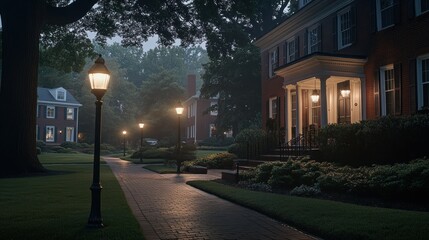 Serene Night at the College: Illuminated Pathway and Historic Architecture