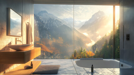Light bathroom interior with sink and douche, bathtub and panoramic window