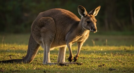 Fototapeta premium Eastern Grey Kangaroo in Golden Sunlight Meadow