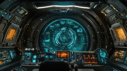 Obraz premium Futuristic Spaceship Cockpit: A Digital Journey Through the Cosmos