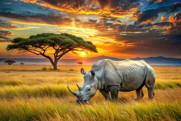 Fototapeta premium Majestic white rhino dominates the African savanna, a breathtaking wildlife scene captured in stunning photography.