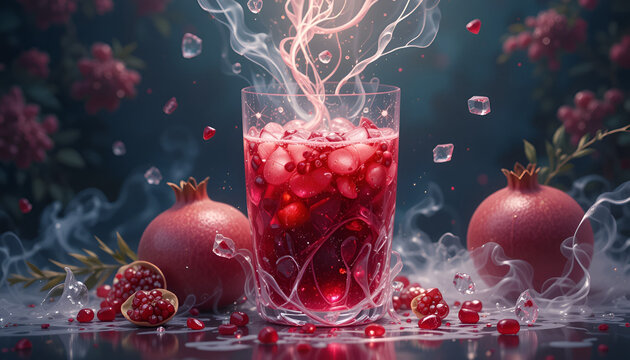 fresh pomegranates and pomegranate liqueur health joice in a glass A glass of pomegranate juice, its deep red color and ruby-like seeds creating a visually stunning drink