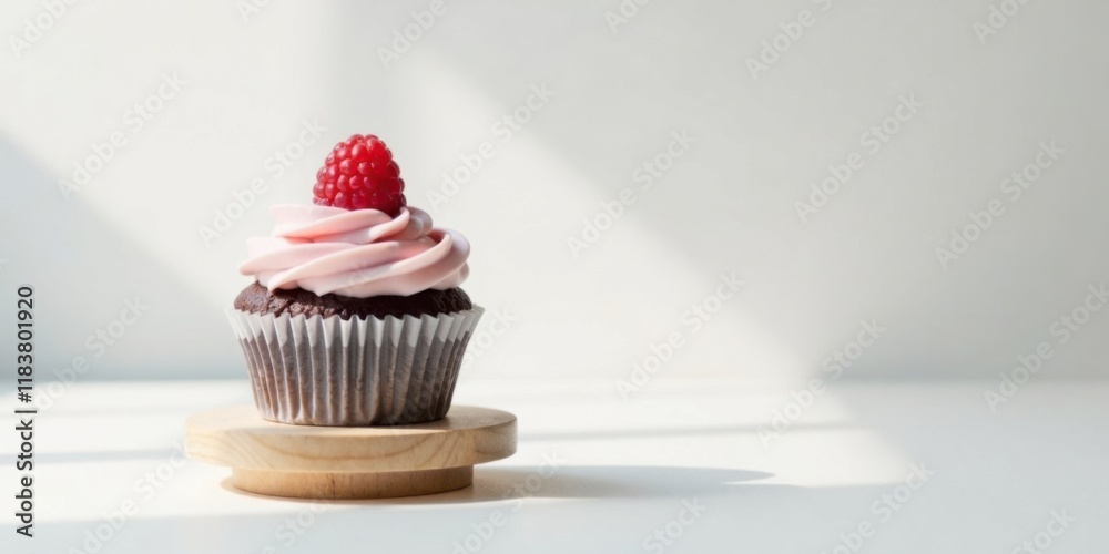 Poster a single chocolate cupcake with pink frosting and a raspberry topping, displayed on a small wooden p