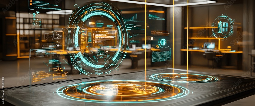 Poster futuristic office with holographic displays and interactive interface.